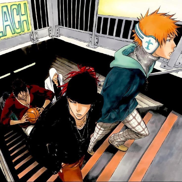 Bleach color spread of Ichigo, Renji, and crew on subway stairs