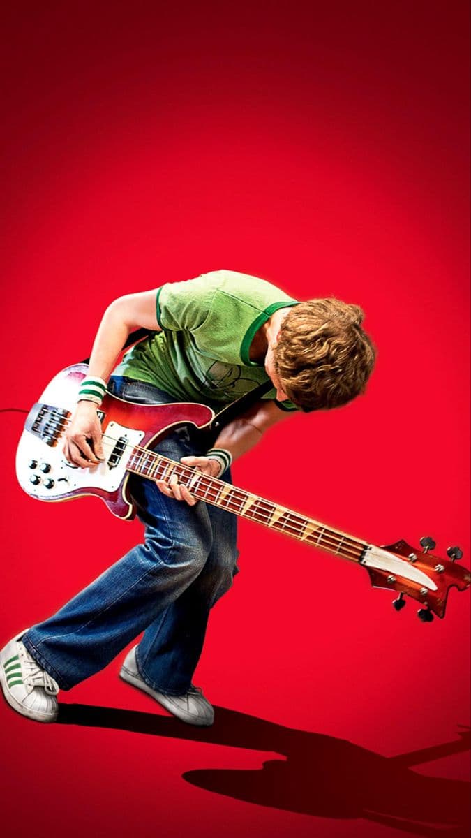 Textless Scott Pilgrim poster — Scott playing bass on a red background