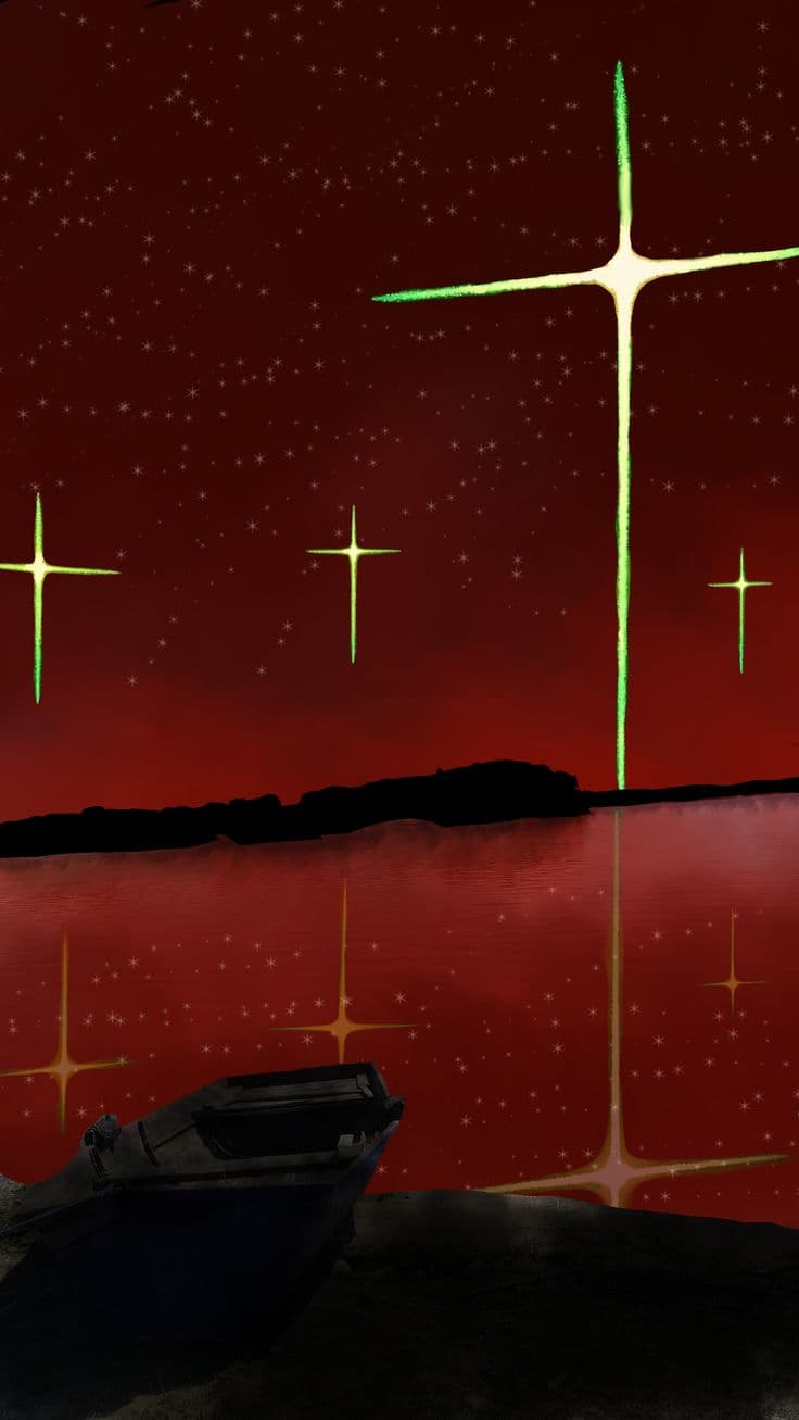 Green cross-shaped explosions over a red sea from End of Evangelion